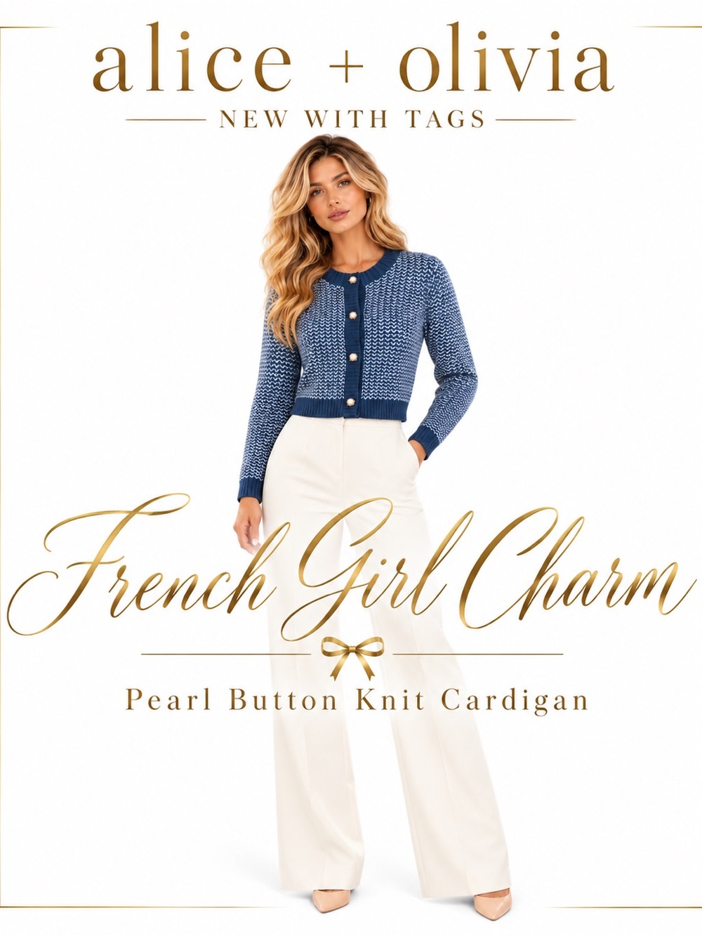 Alice + Olivia Navy & White Pearl-Button Knit Cardigan